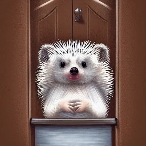 Image similar to cute adorable hedgehog opening the door, waving, smiling, cute, hedgehog, by cyril rolando