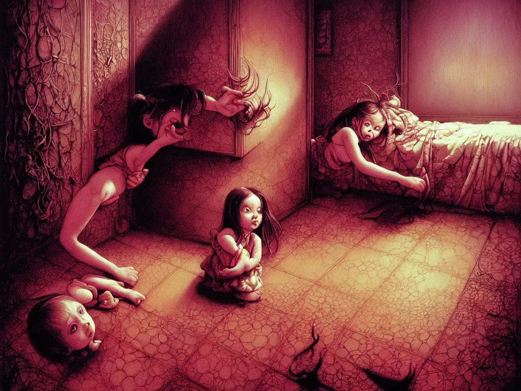 Prompt: realistic detailed image of a little girl looking under the bed in a girlish room. a demon-monster is hiding under the bed in the shadow. by Ayami Kojima, Amano, Karol Bak, Greg Hildebrandt, and Mark Brooks, Neo-Gothic, gothic, rich deep colors. Beksinski painting, part by Adrian Ghenie and Gerhard Richter. art by Takato Yamamoto. masterpiece