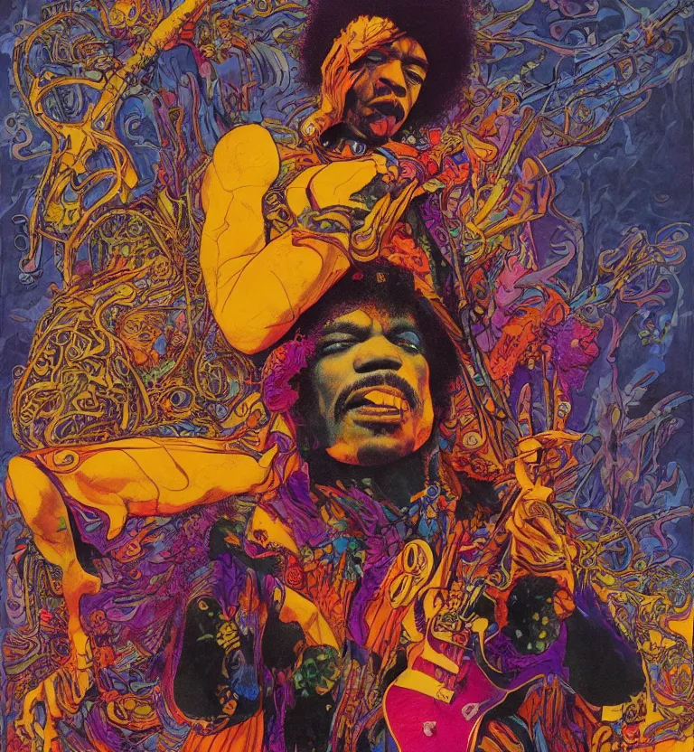 Prompt: jimi hendrix full body, colourful afrofuturist biomorphic opart in background by pascal blanche and josh kirby and roger dean and james jean and giger and arthur rackham and moebius and syd mead and beksinski and greg hildebrandt, scifi, 8 k