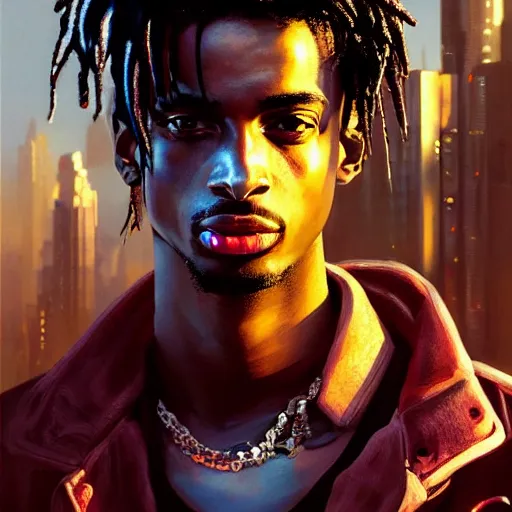 Image similar to cyberpunk, closeup portrait of a playboi carti, dramatic light, city background, sunset, dystopian setting, high contrast, sharp, neuromancer, henry dorsett case, painted by stanley lau, painted by greg rutkowski, painted by stanley artgerm, digital art, trending on artstation