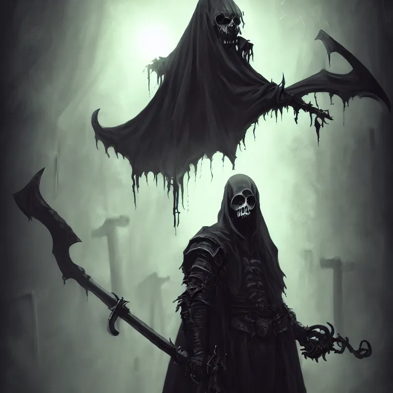 Image similar to grim reaper, demons of hell, haunted spooky foggy graveyard, headshot photo, character concept, dark souls concept art, Feng Zhu concept art, dramatic lighting, highly stylized, trending on artstation, high-quality wallpaper, desktopography