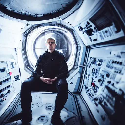 Prompt: a masculine man wearing a skirt sits in a spaceship, photography, movie still, dslr 5 5 mm, 4 k