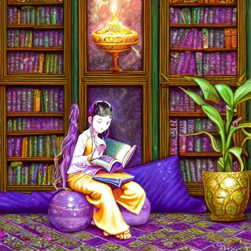 Image similar to a highly detailed fantasy pastel painting of a young wizard in ornate clothing lounging on a purpur pillow on the marble floor in front of her bookcase, studying an ancient tome. to the side is a potted plant and some blue candles. ancient oriental retrofuturistic setting. 4 k key art in the style yoshitaka amano and mark tedin