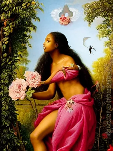 Image similar to jasmine tookes, the goddess of love : : background of roses, myrtle, doves : : rococo, academicism, hyperreal