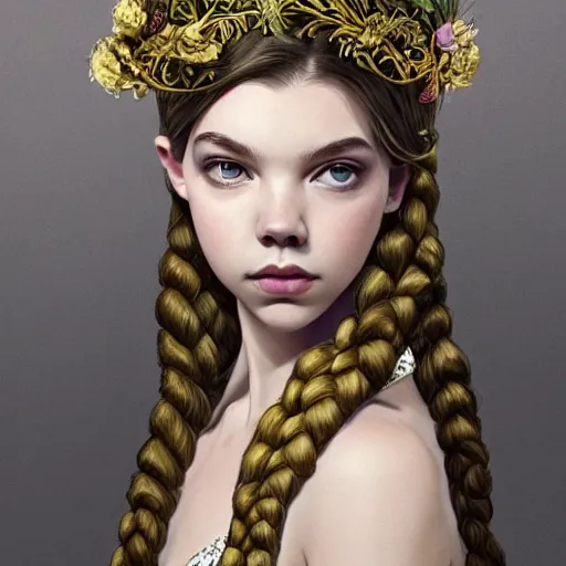 Prompt: anya taylor - joy wearing a floral crown, olive skin, long braided blond hair, beautiful bone structure, shiny gold background, intricate, elegant, highly detailed, artstation, concept art, sharp focus, illustration, rutkowski, mucha