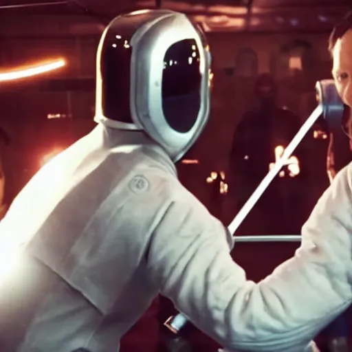 Prompt: film still of elon musk dueling bill gates with a fencing saber, epic cinematic