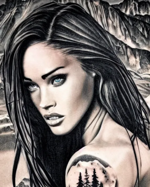 Image similar to double exposure effect tattoo design sketch of megan fox with amazing mountain scenery, realism tattoo, in the style of den yakovlev, amazing detail, sharp