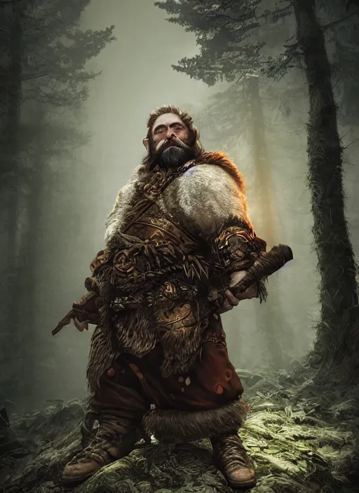 Prompt: Beautiful art portrait of a male dwarf cleric in a dark forest with dead trees, morning, atmospheric lighting, intricate detail, cgsociety, hyperrealistic, octane render, RPG portrait, ambient light, dynamic lighting