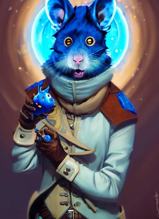 Image similar to style artgerm, joshua middleton, illustration, anthropomorphic hamster as cowboy steampunk, blue fur, swirling water cosmos, fantasy, dnd, cinematic lighting