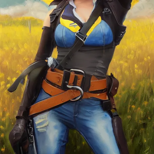 Image similar to oil painting of tracer overwatch in a field wearing large leather belt choker collar around neck, in style of mark arian, expressive face, detailed face, detailed eyes, full body, feminine face, tracer overwatch,