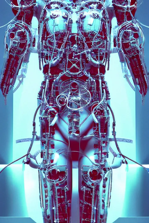 Prompt: space station interior white cross cross inflateble shapes wires tubes veins jellyfish, white biomechanical details a statue jesus on cross made of red marble hands nailed to a cross perfect symmetrical body full body shot, wearing epic bionic cyborg implants masterpiece, intricate biopunk vogue highly detailed, artstation concept art cyberpunk octane render