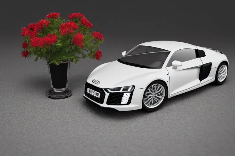 Prompt: a small miniature of a Audi R8 on a white table near a book and a vase with a plant, 3d render, unreal engine 5, octane render, 4k, low contrast, path tracing, serene landscape, calm, relaxing, beautiful landscape, highly detailed, high quality, product photo, hyperrealistic, concept art