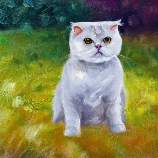 Prompt: a scottish fold cat sitting in the middle of sunny meadow, oil painting