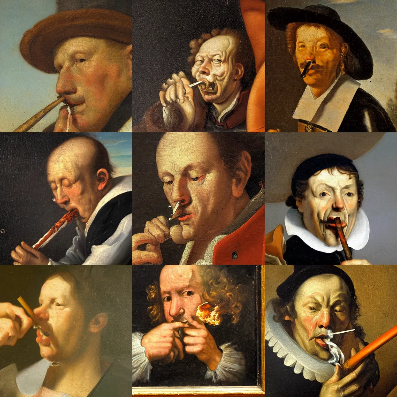 Prompt: Dutch oil painting from 1600s: Closeup of person smoking a big joint, smoke coming out of the joint