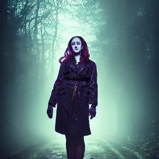 Image similar to riveting charismatic brunnette female vampire, portrait, atmospheric lighting, painted, intricate, highgate cemetery, fog, cold, volumetric lighting, beautiful, blue moon light, sharp focus, deep colours, ultra detailed, by leesha hannigan, ross tran, thierry doizon, kai carpenter, ignacio fernandez rios