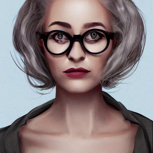 Image similar to middle aged beautiful french woman with blonde hair tied in a strict bun, spectacles, lots of makeup, arrogant, rich, expensive voluminous dress, character portrait, digital art, high quality, 8 k, detailed, d & d character,