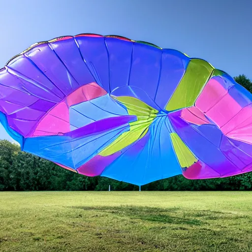 Image similar to an ultra high definition professional studio quality photograph of a transparent iridescent perspex pastel coloured inflatable abstract parachute sculpture in an empty field. dramatic lighting, ray tracing, refraction, shallow d. o. f, colour corrected, golden ratio, three point light. volumetric shadows. god rays.