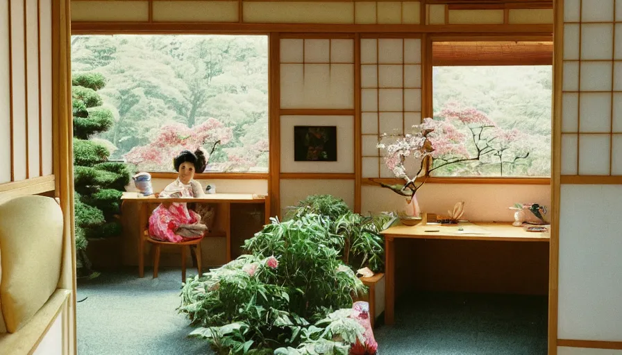 Image similar to 1 9 9 0 s candid 3 5 mm photo of a beautiful day in the a dreamy japanese flowery cottage designed by gucci, cinematic lighting, cinematic look, golden hour, a desk for flower arrangements and journaling has sun shinning on it through a window, temple in the distance, photographed by petra collins, uhd