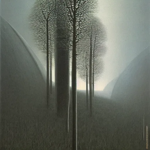 Prompt: monolithic buildings among the trees, by Zdzisław Beksiński