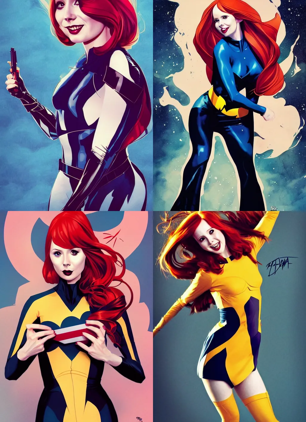 Prompt: in the style of Joshua Middleton comicbook cover art, Karen Gillan Batgirl, fun pose, smile