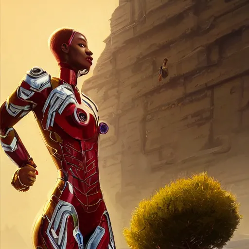 Image similar to highly detailed an african american woman in with the ironman random suit from the future gta v, stephen bliss, unreal engine, fantasy art by greg rutkowski, loish, rhads, ferdinand knab, makoto shinkai and lois van baarle, ilya kuvshinov, rossdraws, tom bagshaw, global illumination, radiant light, detailed and intricate environment