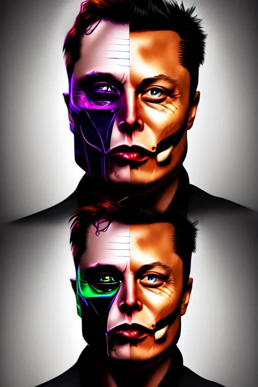 Prompt: elon musk in style of two - face harvey dent one side face has dragonskin fantasy sharp focus intricate elegant digital painting artstation