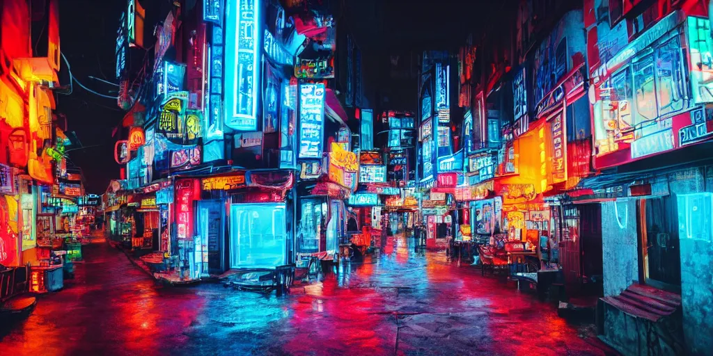 Prompt: outside black blue neon cyberpunk city on north atlantic island, soft lights