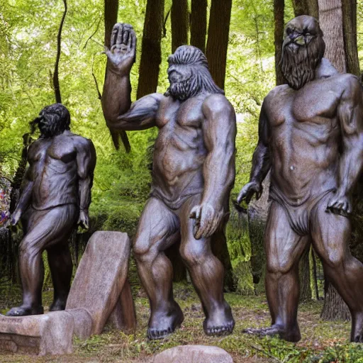 Image similar to group of occultist bowing worshipping a bigfoot statue