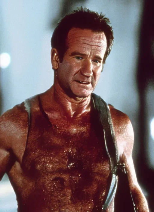 Image similar to film still of Robin Williams as John McClane in Die Hard, 4k