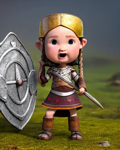 Image similar to an adorable toy of a viking girl with her shield raised to defend, pixar style, authentic viking armor, historically accurate, clean detail, symmetrical, octane render, studio lighting