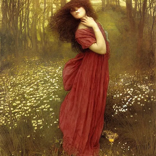 Prompt: beautiful pre - raphaelite woman, flower halo, flowing gown with empire waist in a wildflower meadow, floating leaves, fairys and flower petals in background, painterly, briar patch, thorns, dreamy, painted by jeremy mann, edward burne - jones, and john everett millais, alma tadema, ethereal, stunning, god rays, detailed