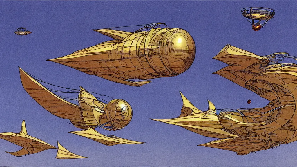 Prompt: a flying sphere vehicle by Moebius