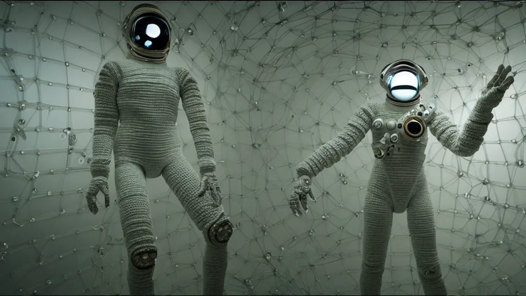 Image similar to a cybernetic symbiosis of a single astronaut eva suit made of wearing knitted yarn thread infected with diamond 3d fractal lace iridescent bubble 3d skin covered with insectoid compound eye camera lenses floats through the living room, film still from the movie directed by Denis Villeneuve with art direction by Salvador Dalí, wide lens,