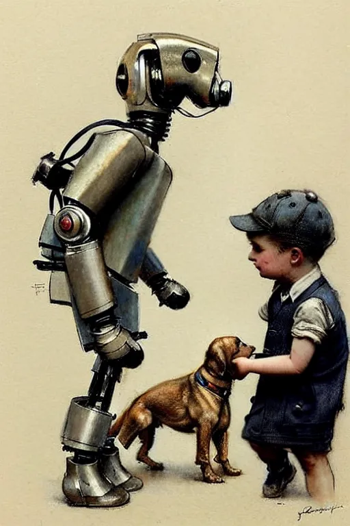 Image similar to (((((1950s boy and his robot box shaped k9 dog. muted colors.))))) by Jean-Baptiste Monge !!!!!!!!!!!!!!!!!!!!!!!!!!!