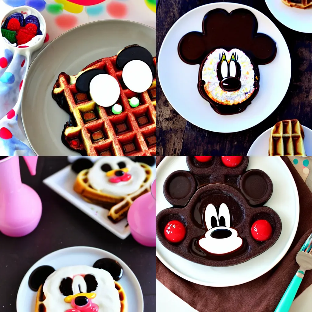 Prompt: funfetti Mickey Mouse waffles on a ceramic happy birthday plate drizzled with chocolate syrup and whipped cream on top