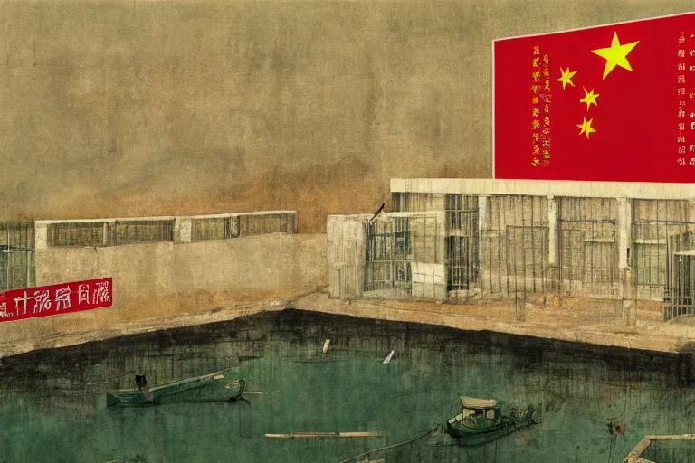 Image similar to a chinese prison near a river by peter doig, overlaid with chinese adverts