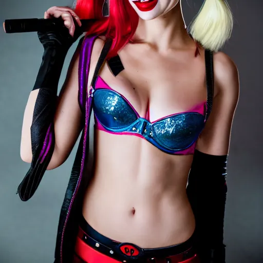 Image similar to Harley Quinn doing Victoria Secret, XF IQ4, f/1.4, ISO 200, 1/160s, 8K, RAW, unedited, symmetrical balance, in-frame