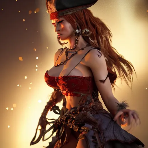 Image similar to full body pose, hyperrealistic photograph of a stunning pirate woman, dim volumetric lighting, 8 k, octane beautifully detailed render, extremely hyper detailed, intricate, epic composition, cinematic lighting, masterpiece, trending on artstation, very very detailed, stunning, hdr, smooth, sharp focus, high resolution, award, winning photo, dslr, 5 0 mm