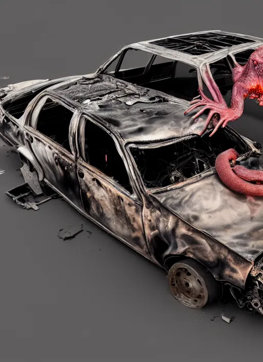 Image similar to a big woman intertwined axolotl in burning wrecked mercedes 1 2 4, ultrafine hyperdetailed illustration by kim jung gi, masterpiece. rendered in blender, ultra realistic, smooth shadows, ultra detail, high resolution, cinematic, unreal 6, 8 k