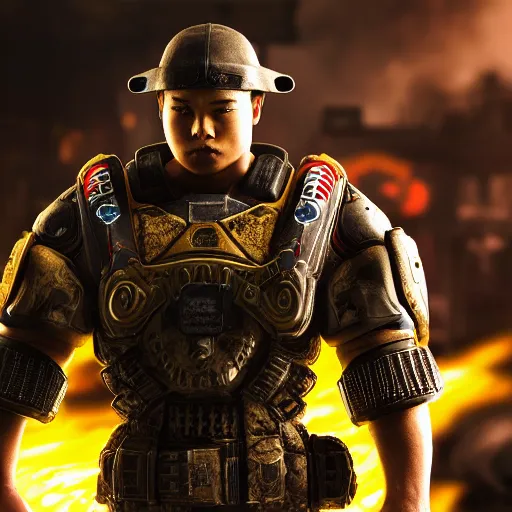 Image similar to 'Samurai!!! Pikachu' in Gears of War, splash art, movie still, cinematic lighting, dramatic, octane render, long lens, shallow depth of field, bokeh, anamorphic lens flare, 8k, hyper detailed, 35mm film grain