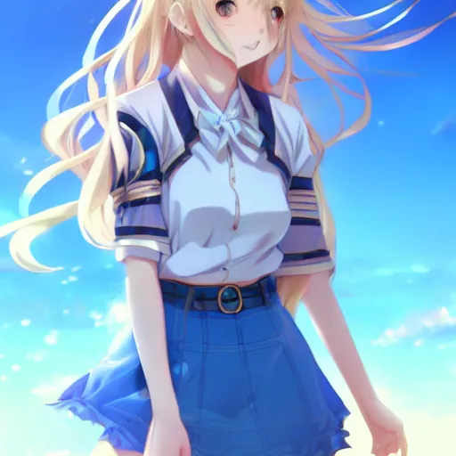 Image similar to a very beautiful anime cute girl, full body, long wavy blond hair, sky blue eyes, full round face, short smile, fancy top, miniskirt, front view, medium shot, mid-shot, highly detailed, cinematic wallpaper by Stanley Artgerm Lau