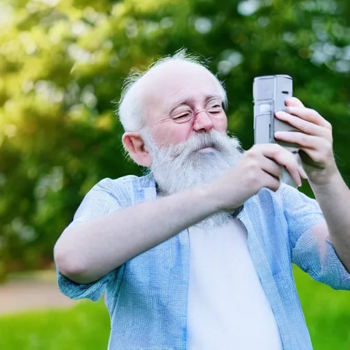 Prompt: cute cartoon character, beard grandpa taking a photo to a baby girl, old camera