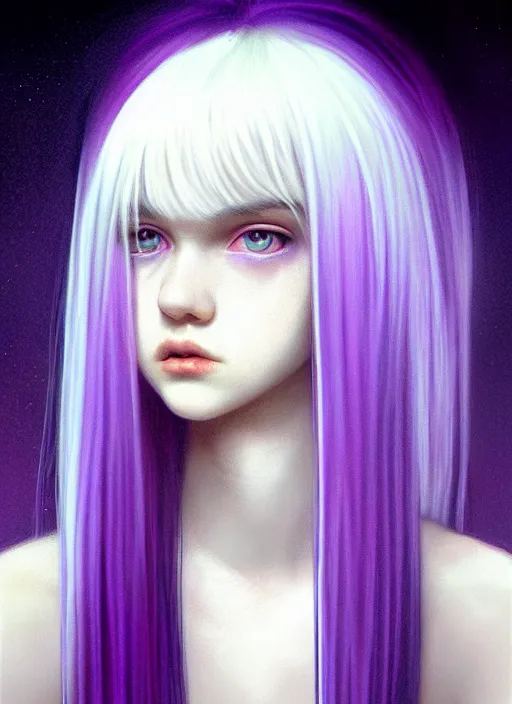 Image similar to hair whitebangs hair, black hair, whitebangs, portrait of teenage girl with white bangs, red irises, purple clothes, white bangs, bangs are different color from hair, intricate, elegant, glowing lights, highly detailed, digital painting, artstation, concept art, smooth, sharp focus, illustration, art by wlop, mars ravelo and greg rutkowski