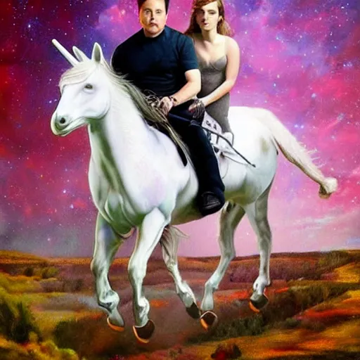 Image similar to an extremely high quality hd surrealism painting of elon musk riding a unicorn with emma watson's face