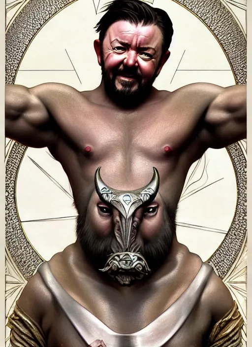 Image similar to portrait of ricky gervais as a minotaur, d & d, muscular! fantasy, intricate, elegant, highly detailed, digital painting, artstation, concept art, smooth, sharp focus, illustration, art by artgerm and greg rutkowski and alphonse mucha
