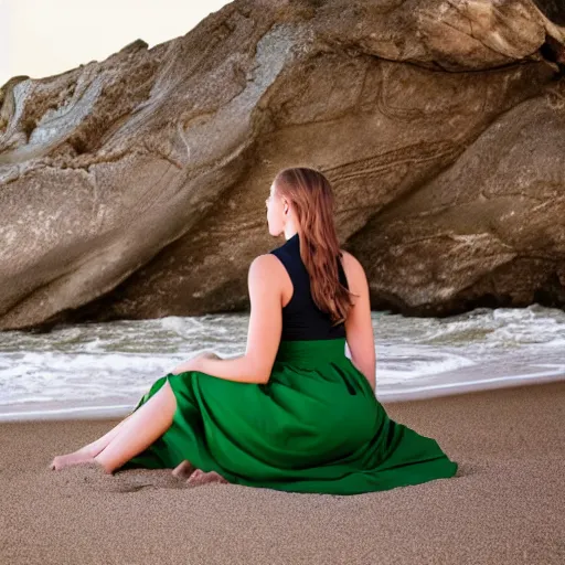 Prompt: a photo of a young woman sitting on a beach wearing a green dress