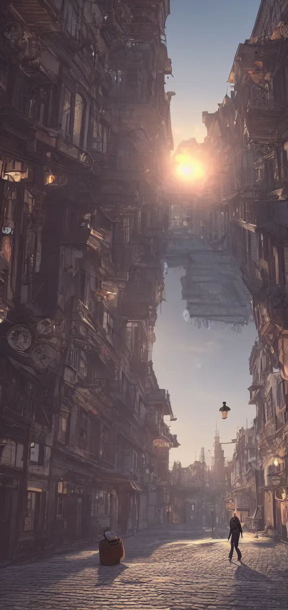 Image similar to a wandering poet with his hat and bag is walking in a quiet steampunk city in the early morning, sunrise, realistic, hyper detailed, render in unreal engine 5