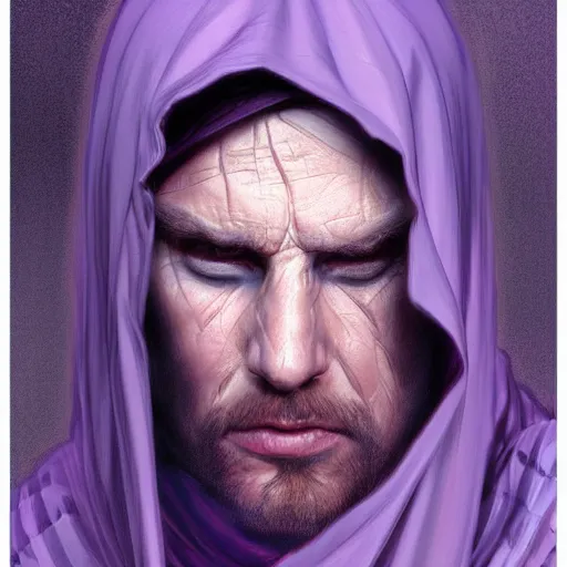 Image similar to ultra realistic illustration, man in a black hood, in a striped purple balaclava, mysterious, highly detailed, digital painting, artstation, concept art, smooth, sharp focus, illustration, art by artgerm and greg rutkowski and alphonse mucha