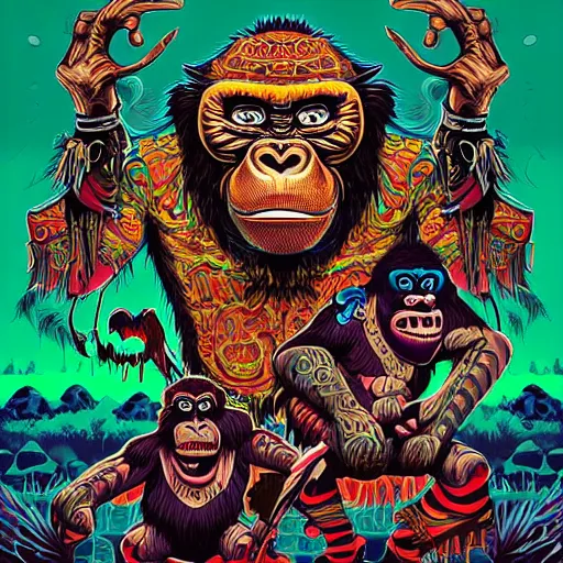 Image similar to barong family, jim carrey, wiwek, mara demon, one single tribe member, jungle, one single mask, dark, ancient warrior, grumpy gorilla, violence blood, tribal, inner glow, art by dan mumford and justin gerard