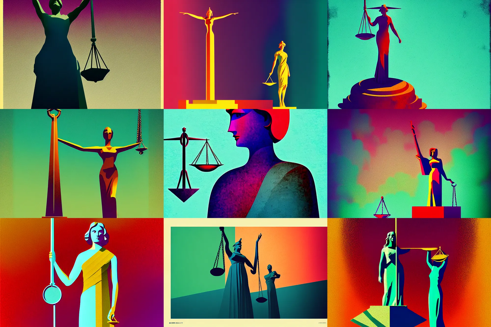 Prompt: ( ( dither ) ), editorial illustration, statue of lady justice, modern art deco, colorful, ( ( mads berg ) ), christopher balaskas, victo ngairich grainy texture, detailed, dynamic composition, wide angle